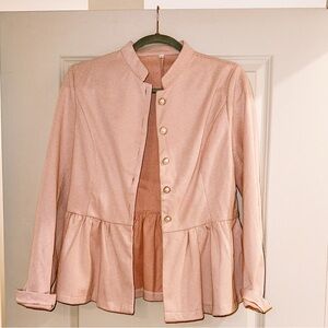 pink herringbone blazer with pearl buttons